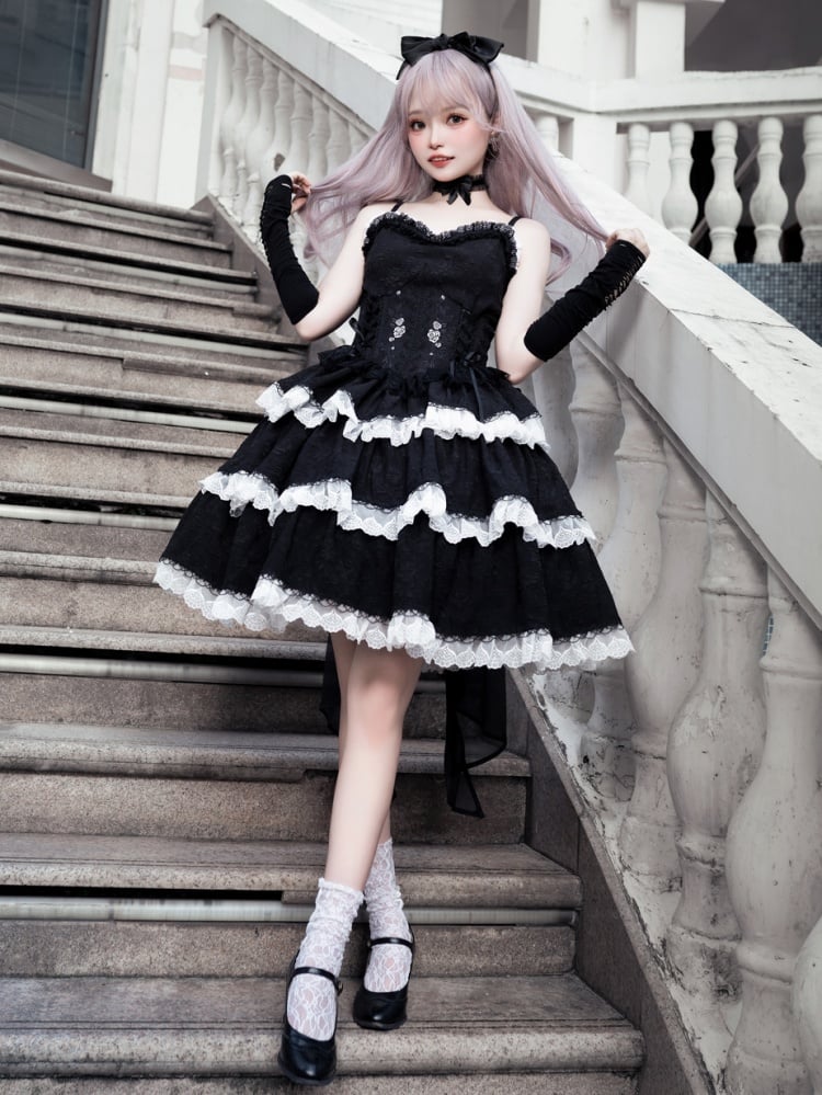 Princess Rosette Embroidery Corset Dress Black and White Jumper Skirt