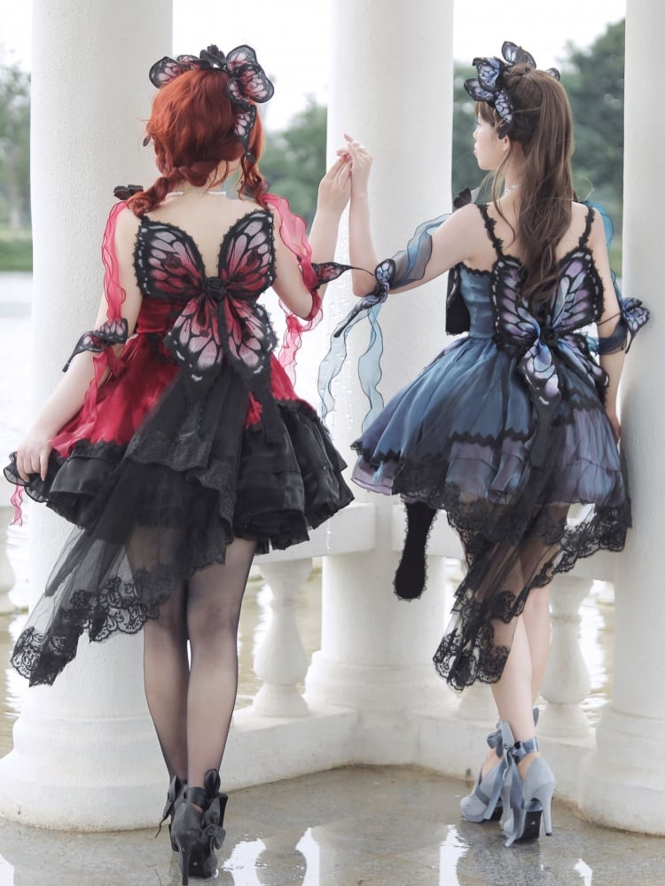 Wine Red Butterfly Jumper Skirt Gothic Princess Dress with Butterfly Train