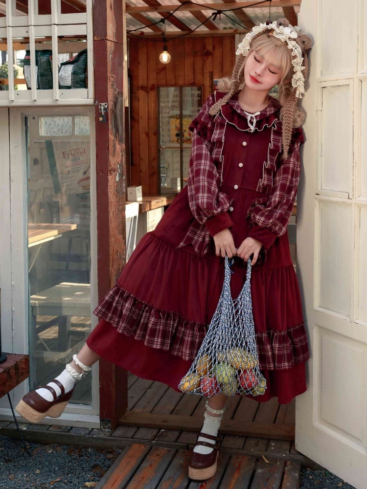 Red Plaid Pattern Christmas Winter Dress Removable Bowknots One Piece