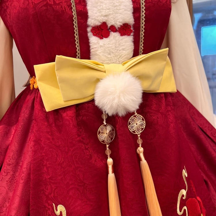 New Year Red Floral Embroidery One Piece Cheongsam Style Qi Lolita Winter Dress - Sukuroi