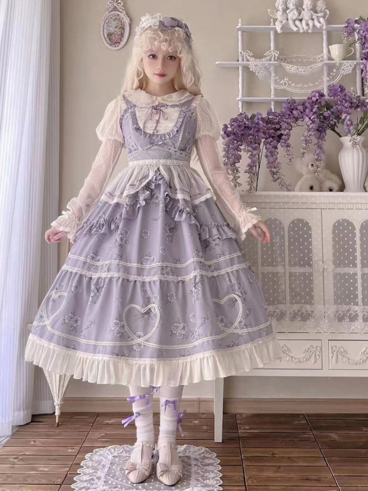 Purple Elegant Floral Dress Rosette Print Jumper Skirt - Sukuroi