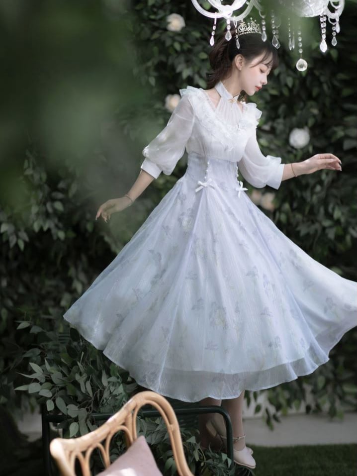 White and Purple Floral Print Halter Neck One Piece Summer Dress