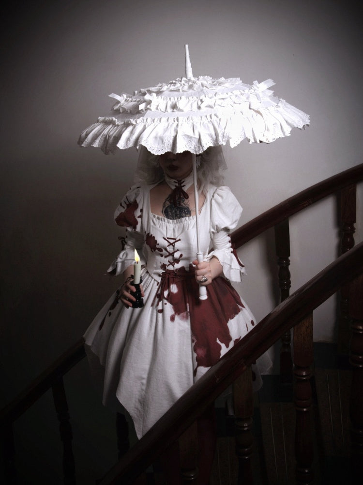 Romeo Collection White and Red Handkerchief Hem Lace-up Details Long Sleeves One Piece