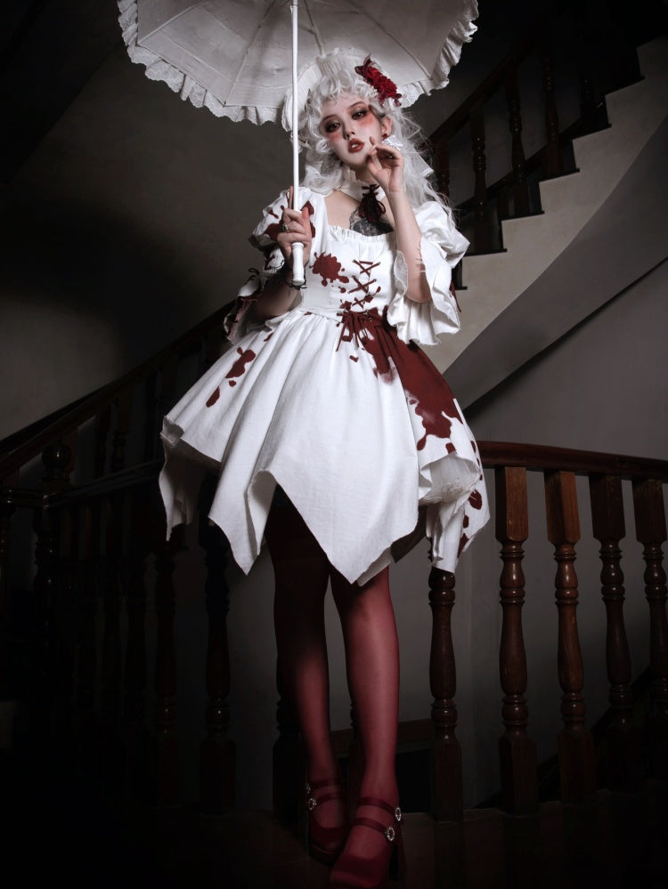 Romeo Collection White and Red Handkerchief Hem Lace-up Details Long Sleeves One Piece