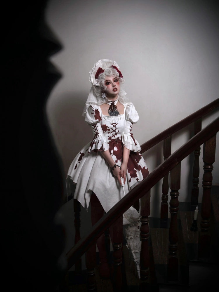 Romeo Collection White and Red Handkerchief Hem Lace-up Details Long Sleeves One Piece