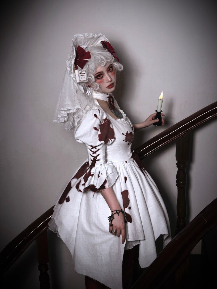 Romeo Collection White and Red Handkerchief Hem Lace-up Details Long Sleeves One Piece