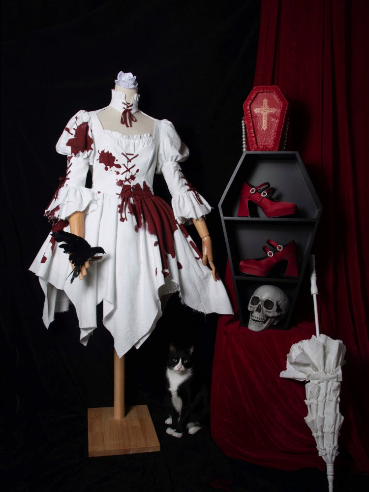 Romeo Collection White and Red Handkerchief Hem Lace-up Details Long Sleeves One Piece