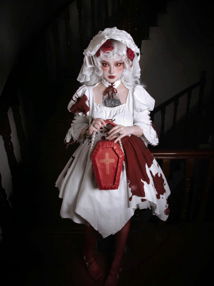 Romeo Collection White and Red Handkerchief Hem Lace-up Details Long Sleeves One Piece