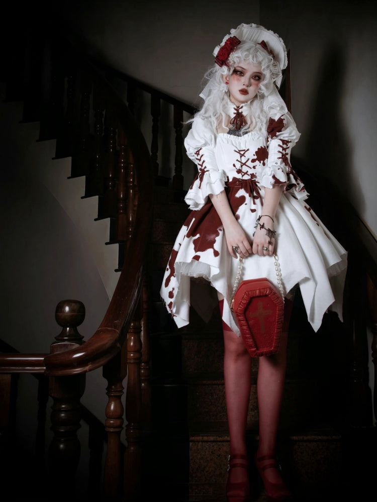 Romeo Collection White and Red Handkerchief Hem Lace-up Details Long Sleeves One Piece