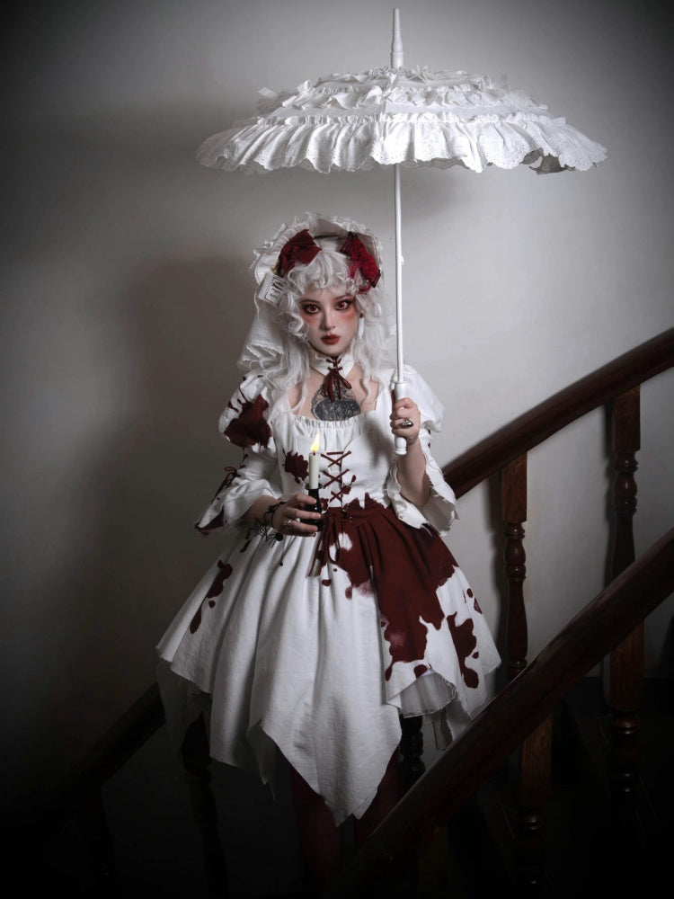 Romeo Collection White and Red Handkerchief Hem Lace-up Details Long Sleeves One Piece