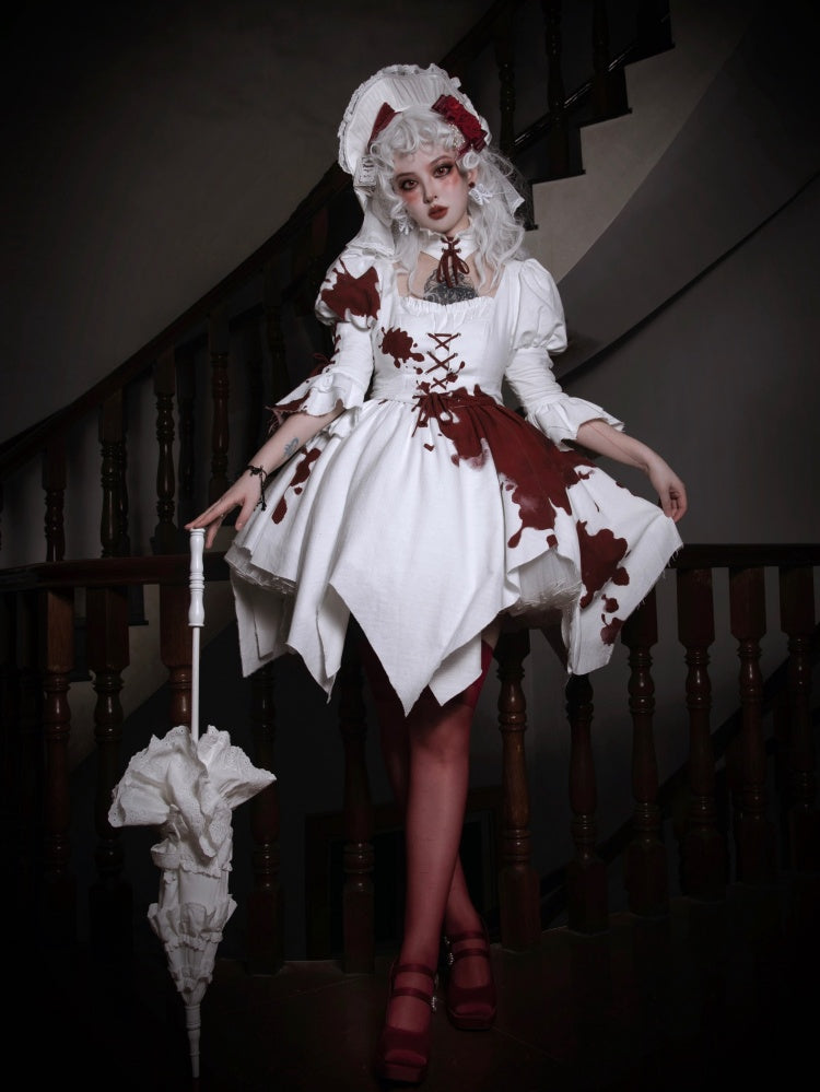 Romeo Collection White and Red Handkerchief Hem Lace-up Details Long Sleeves One Piece