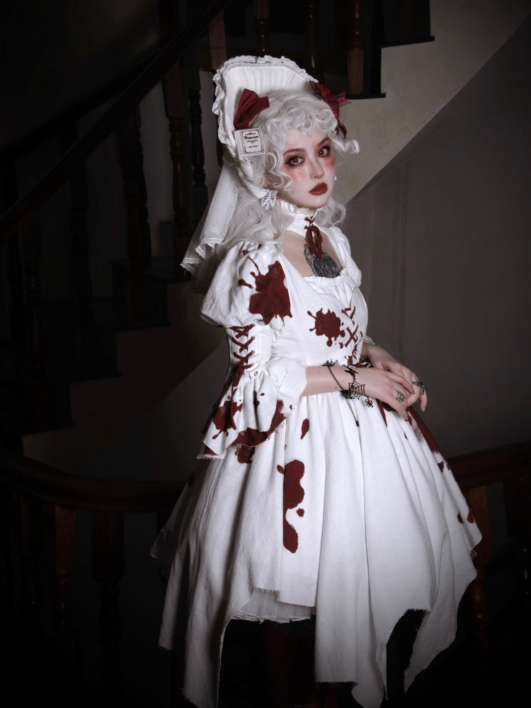 Romeo Collection White and Red Handkerchief Hem Lace-up Details Long Sleeves One Piece