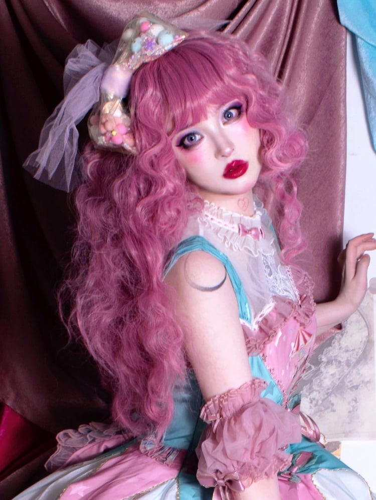Pink Long Curly Synthetic Wig with Bangs