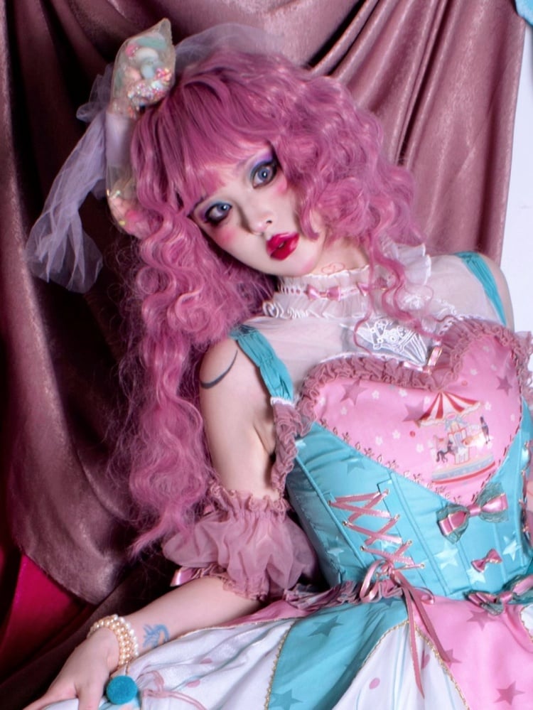Pink Long Curly Synthetic Wig with Bangs