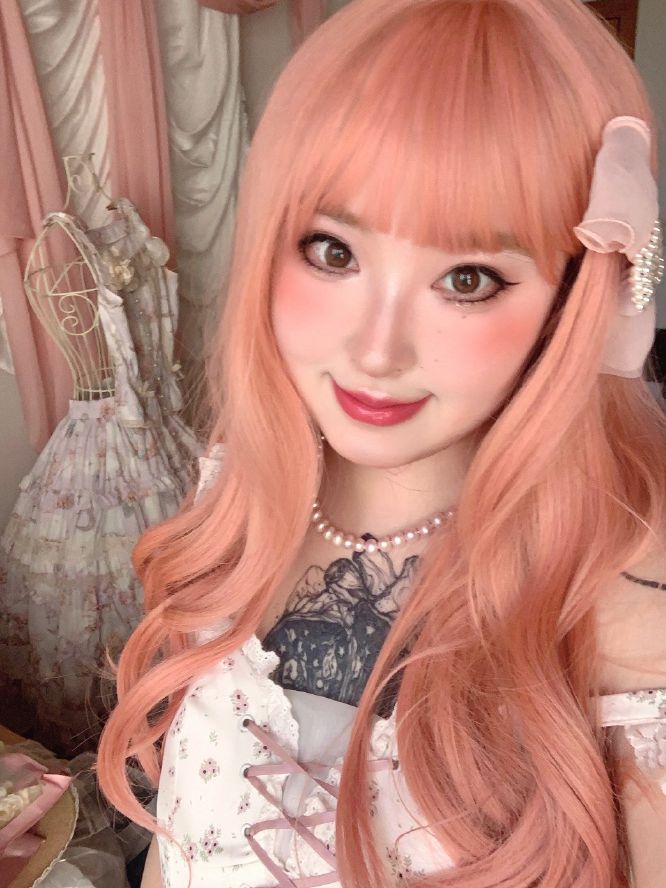 Pink Long Wavy Synthetic Wig with Bangs