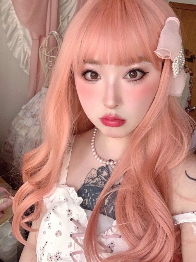 Pink Long Wavy Synthetic Wig with Bangs