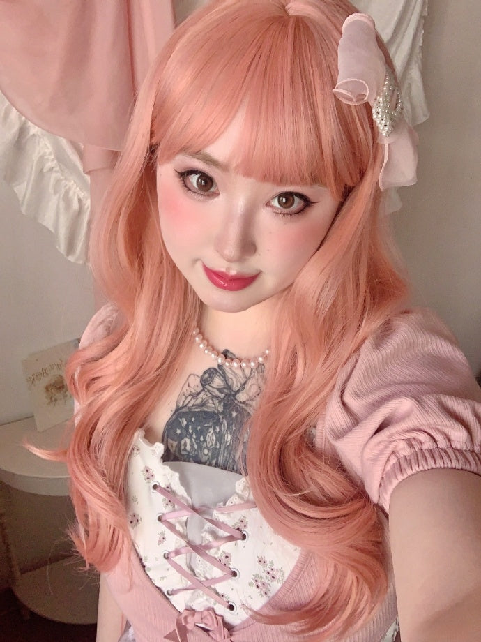 Pink Long Wavy Synthetic Wig with Bangs