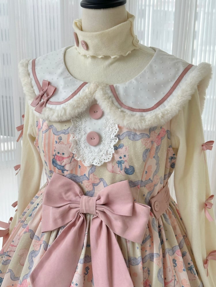 Kitty Print Sweet Pink and Green Winter Jumper Skirt - Sukuroi