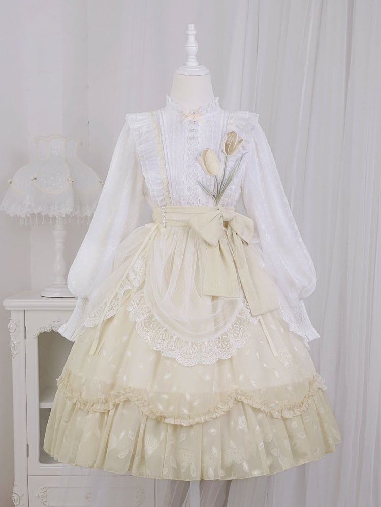 White and Yellow Tulip Embroidery Applique Bodice One Piece