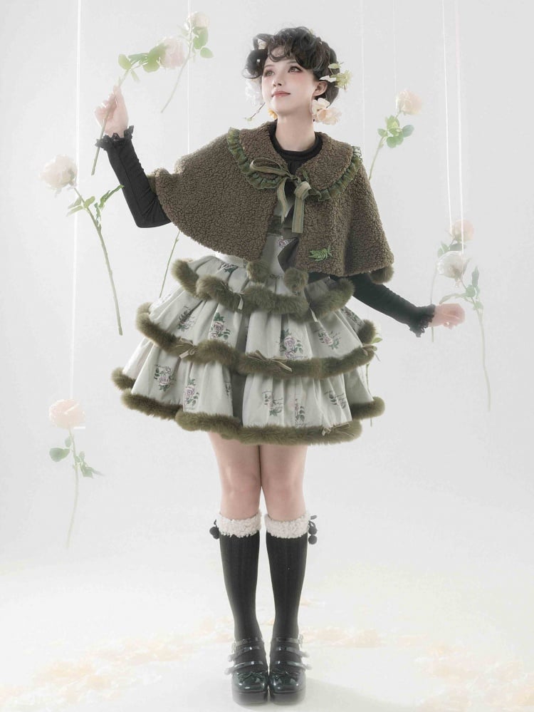 Rosette Print Green Plush Trim Tiered Jumper Skirt - Sukuroi