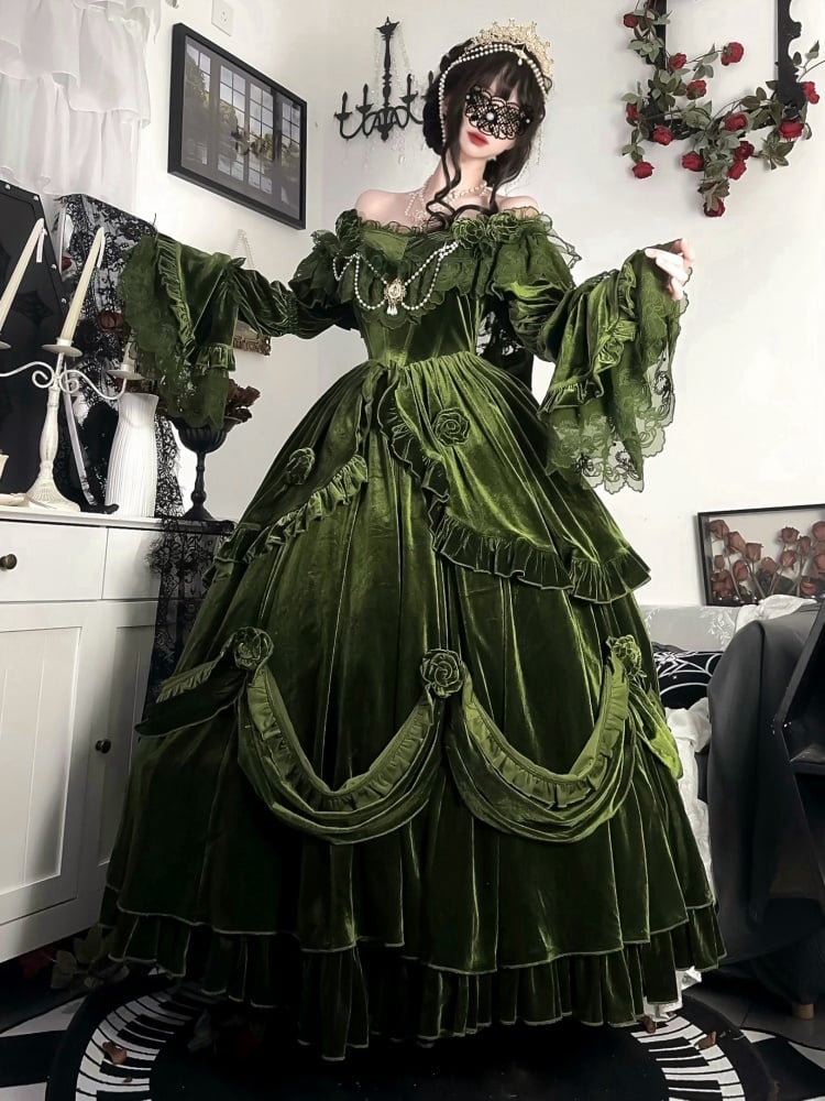 Vintage Green Classic Velvet Dress Roses and Bead Chain Princess One Piece - Sukuroi