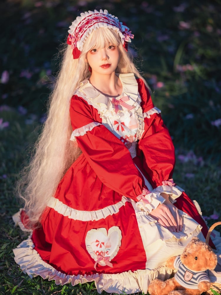 Red Picnic Basket Print Cottagecore Country One Piece - Sukuroi