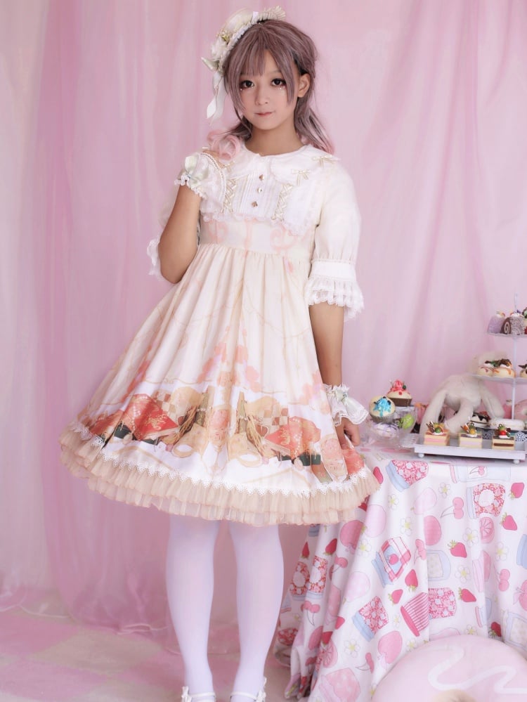 Model in clocks print dress with a peter pan collar