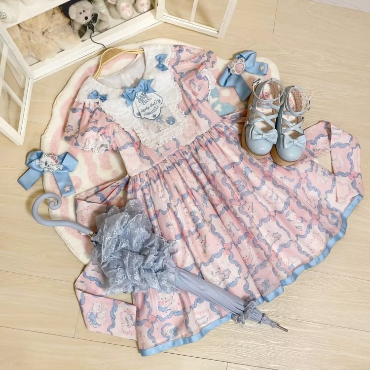 Pink and Blue Sweet Kitty Print High Waist One Piece - Sukuroi