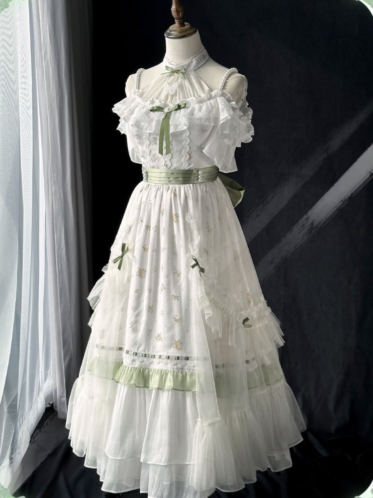 Illusion Neckline Elegant Floral Dress White and Green High Waist Classic One Piece