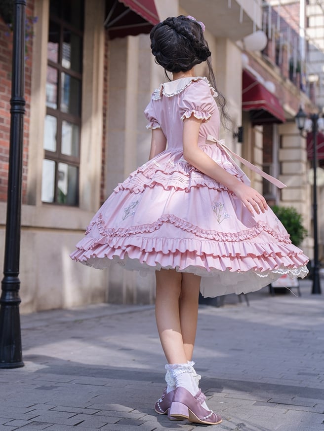 Pink Iris Embroidery Peter Pan Collar Ruffle Hem One Piece - Sukuroi