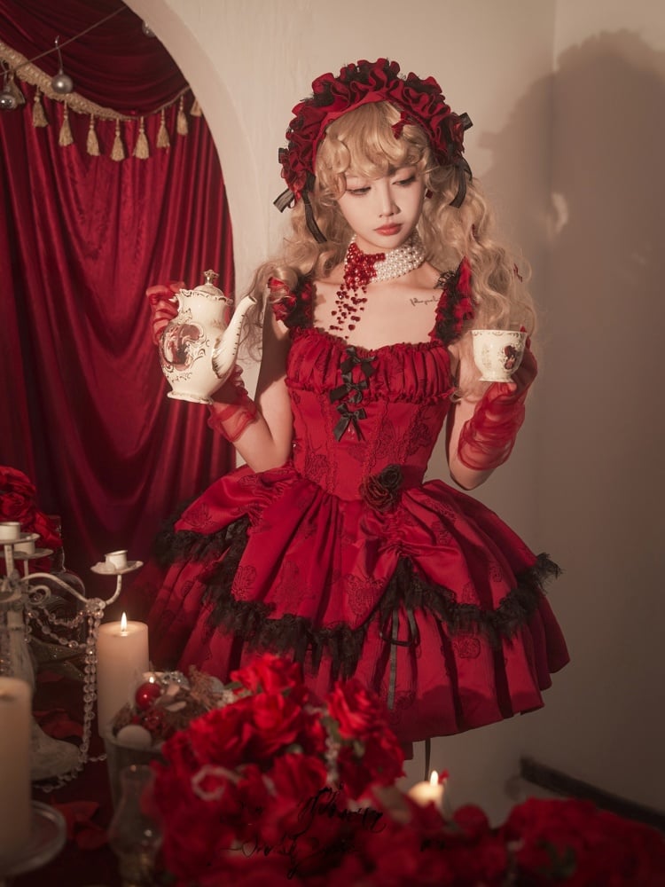 New Year Red Corset Waist Butterfly Print Jumper Skirt - Sukuroi