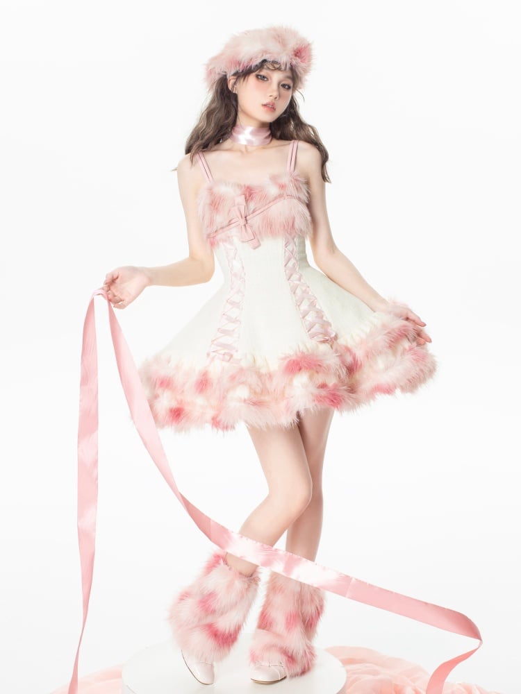 Pink Winter Fluffy Neckline and Hemline Tweed Jumper Skirt - Sukuroi