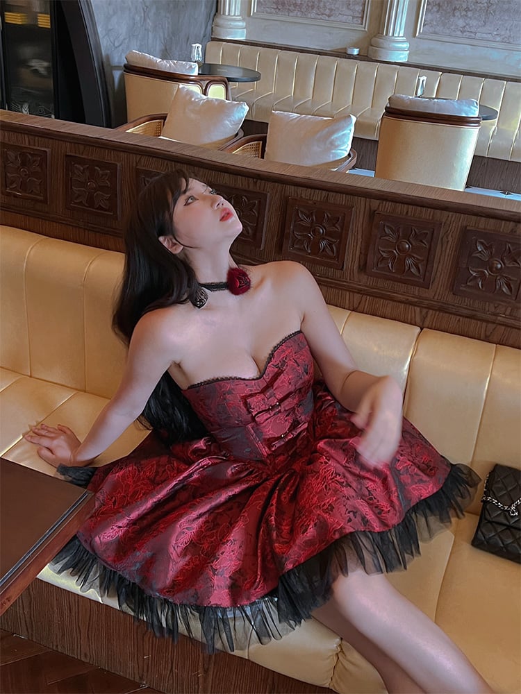 Rosette Print Black and Red Strapless Basque Waist Short Dress