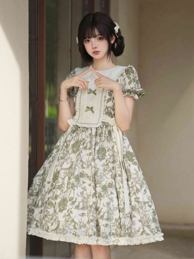 Summer Green Forest Print Beige Peter Pan Collar One Piece