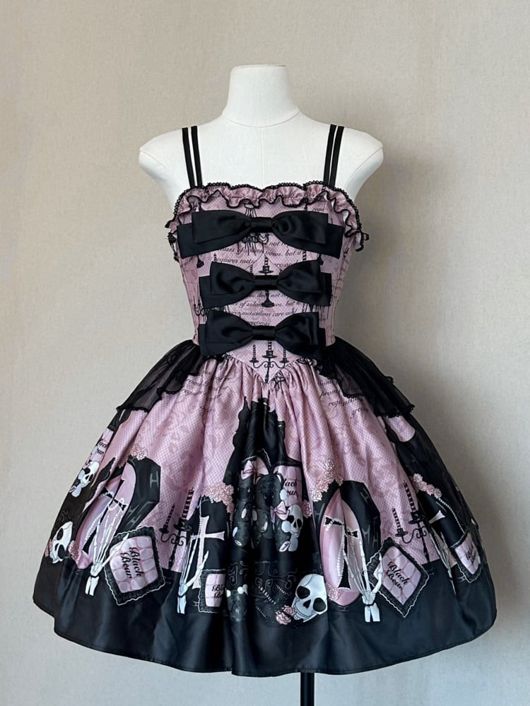 Skull and Coffin Print Boned Basque Waist Jumper Skirt Pink and Black