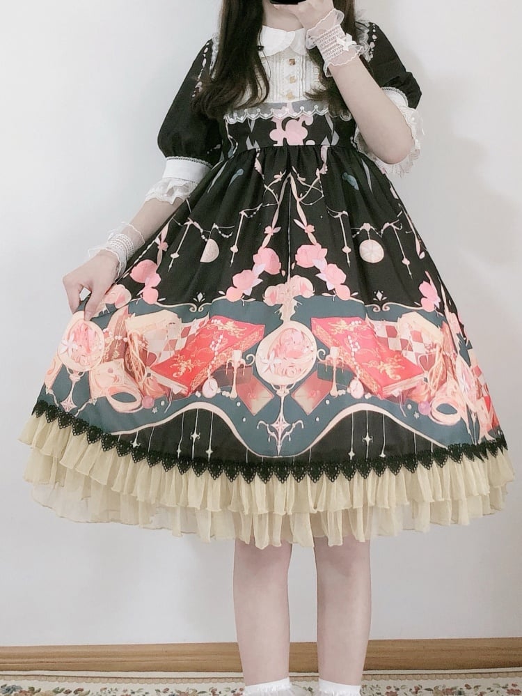 Plus Size Friendly Clocks Print Dress Black Peter Pan Collar One Piece