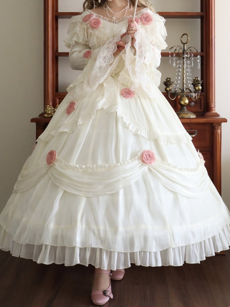Ivory Princess Basque Waist Dress Roses and Bead Chain Lolita Wedding Dress - Sukuroi