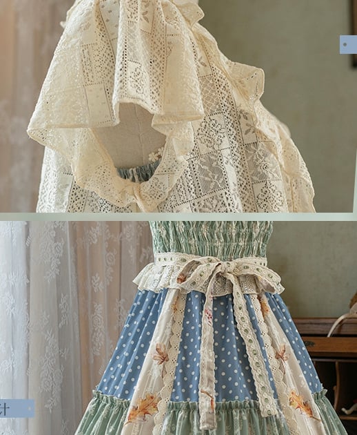 Squirrels Print Patchwork Jumper Skirt Cottagecore Country Dress/Lace Top