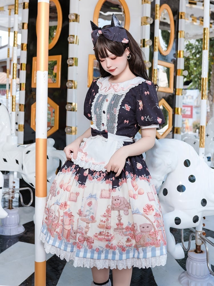 Sweet Kitty and Dessert Print Black Polka-dot One Piece