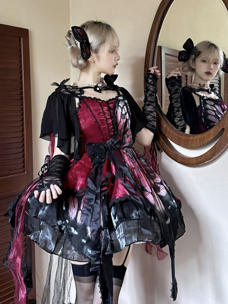 Wine Red Butterfly Jumper Skirt Gothic Princess Dress with Butterfly Train