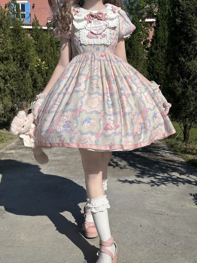Pink and Green Sweet Kitty Print High Waist One Piece - Sukuroi