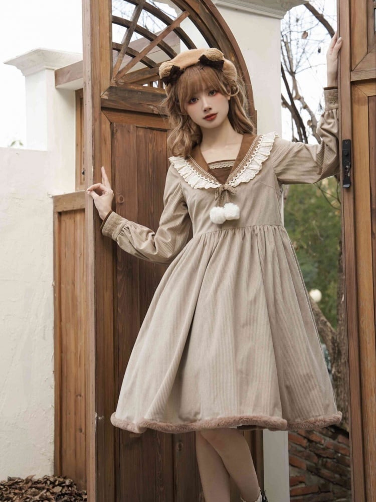 Khaki Sailor Collar Autumn and Winter Dress One Piece