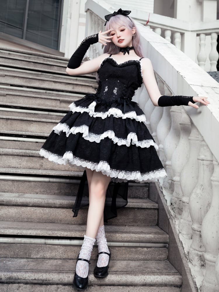 Princess Rosette Embroidery Corset Dress Black and White Jumper Skirt