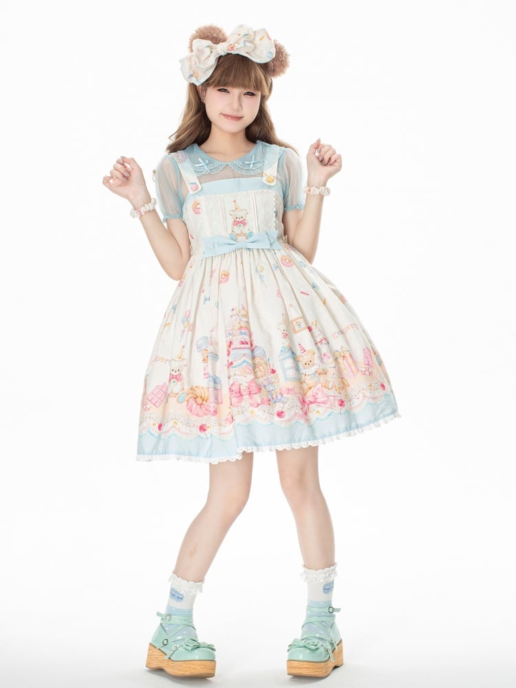 Sweet Teddy and Dessert Print High Waist Jumper Skirt