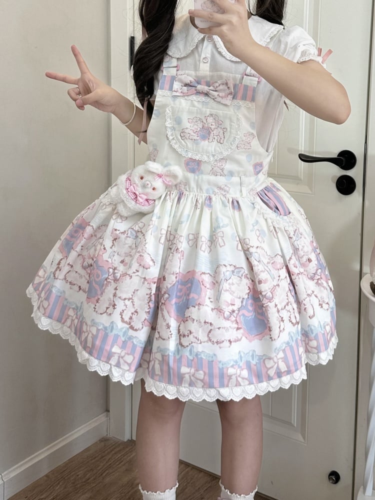 Sweet Lamb and Bowknot Print Pink and Purple Stripes Overalls