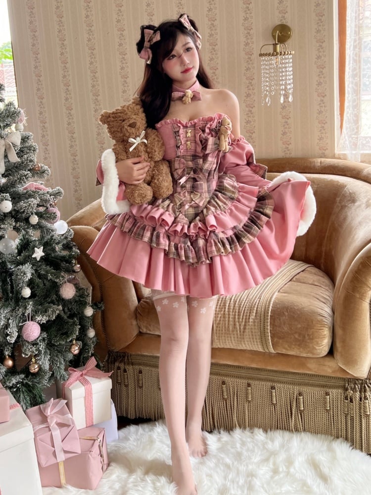 Sweet Bear Theme Pink and Brown Plaid Strapless Dress + Sleeves