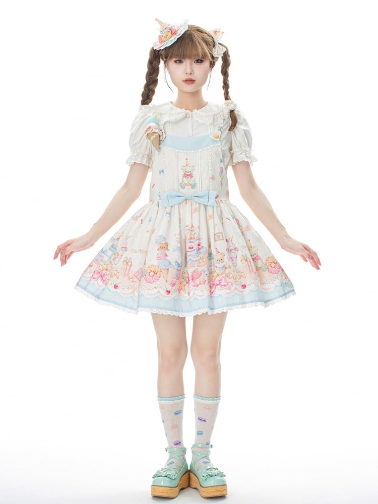 Sweet Teddy Bear and Dessert Print Overalls