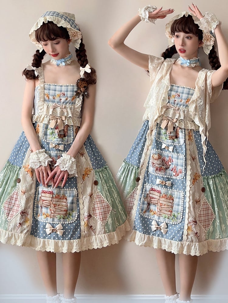 Squirrels Print Patchwork Jumper Skirt Cottagecore Country Dress/Lace Top