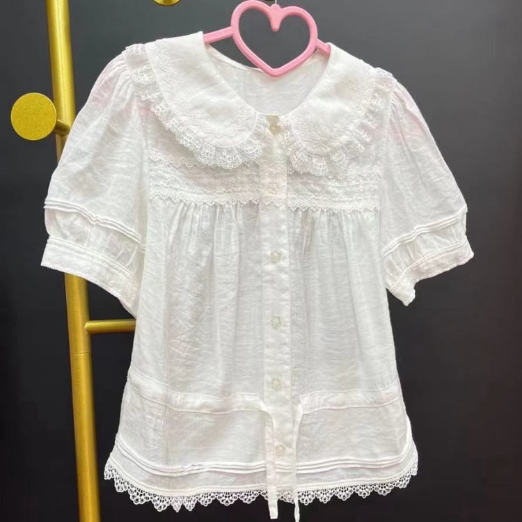 Summer Lace Trim Peter Pan Collar Blouse
