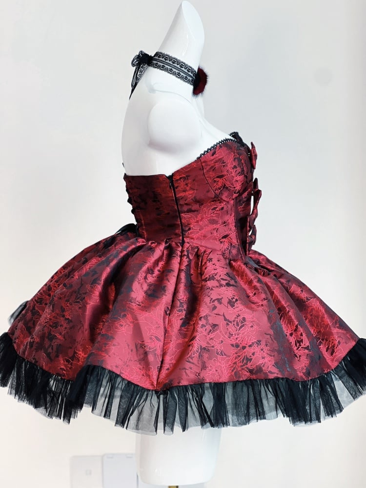 Rosette Print Black and Red Strapless Basque Waist Short Dress